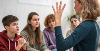 Una ILSC transmite información en LSC a un grupo de personas Sordas